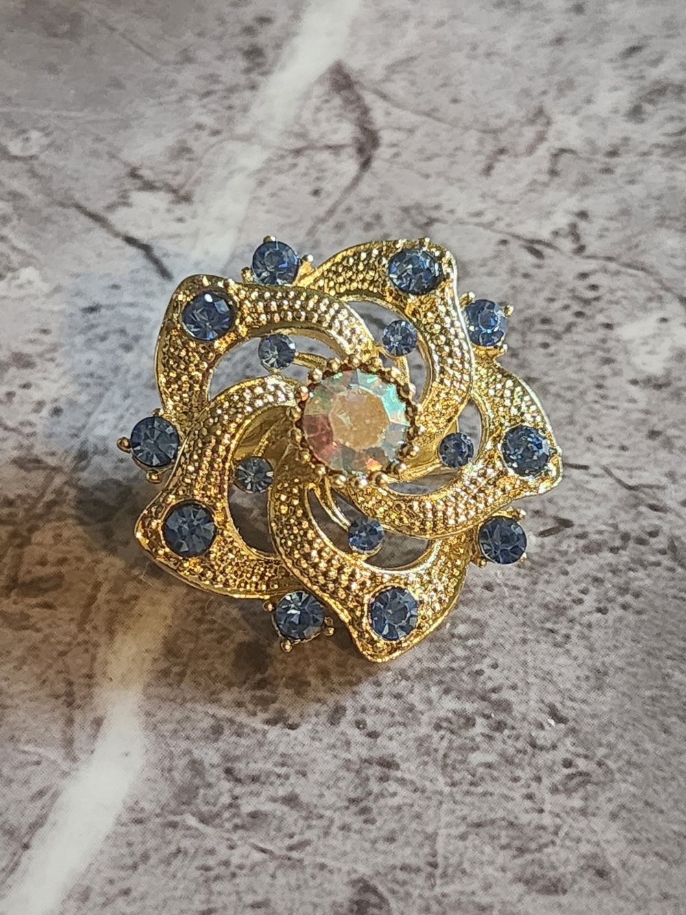 Gold-Tone Blue Rhinestone Floral Brooch